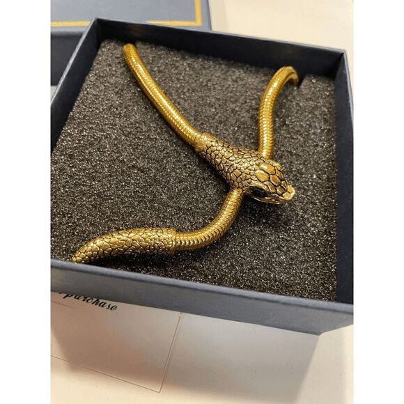 Superchic Vivid Gold Snake with Emerald Oval Shaped Eyes Gold Plated Necklace - Picture 2 of 3